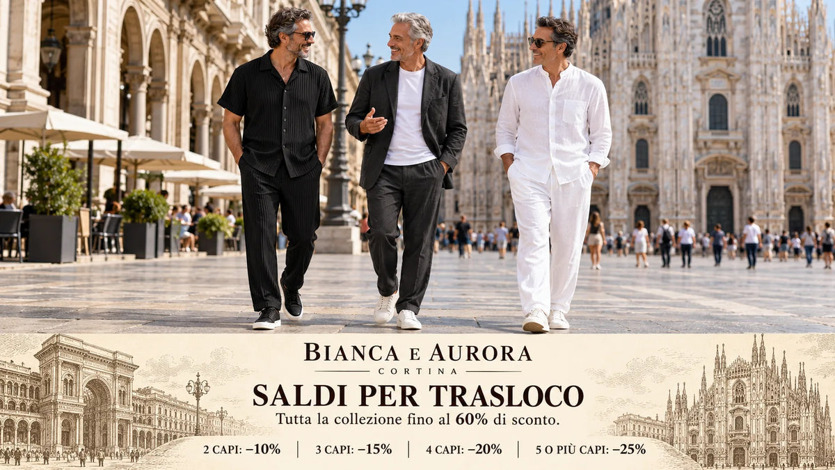 Tres hombres de 45 a 65 años con conjuntos de la colección COMPLETI UOMO en Milán