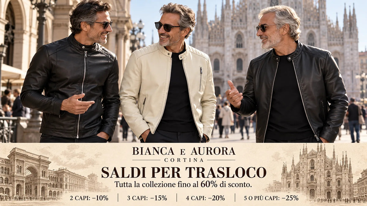 Tres hombres de 45 a 65 años con chaquetas de cuero de la colección GIACCHE IN PELLE en Milán